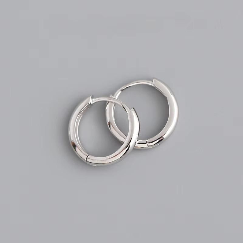 Men women 13mm White Gold Plated 925 Sterling Silver Post Small Huggie Hoop Earrings