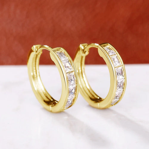 Classic Design Women Hoop Earrings Full with Princess Square CZ Simple Elegant