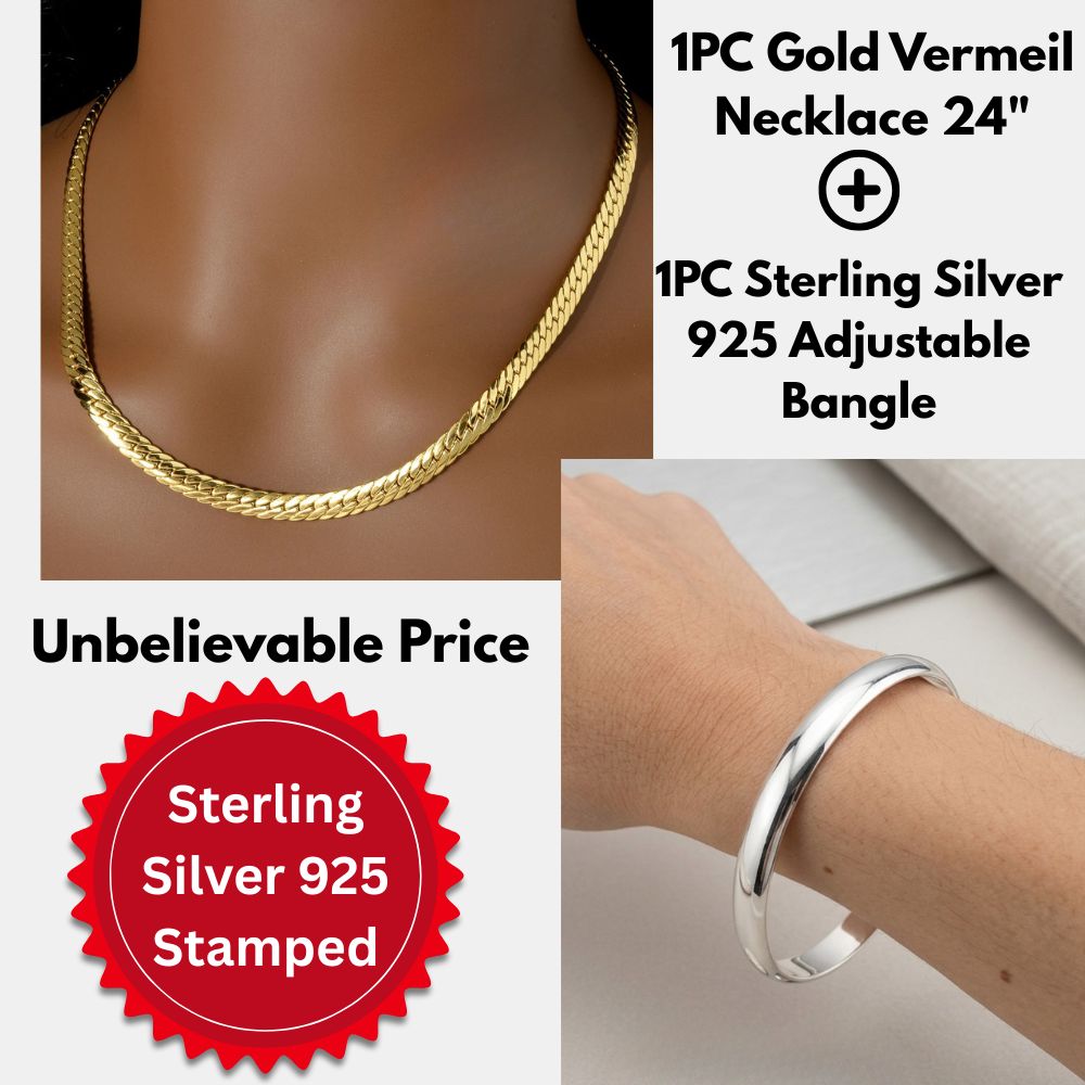 Gold Vermeil 24" Necklace & 925 Sterling Silver Adjustable Bracelet Set