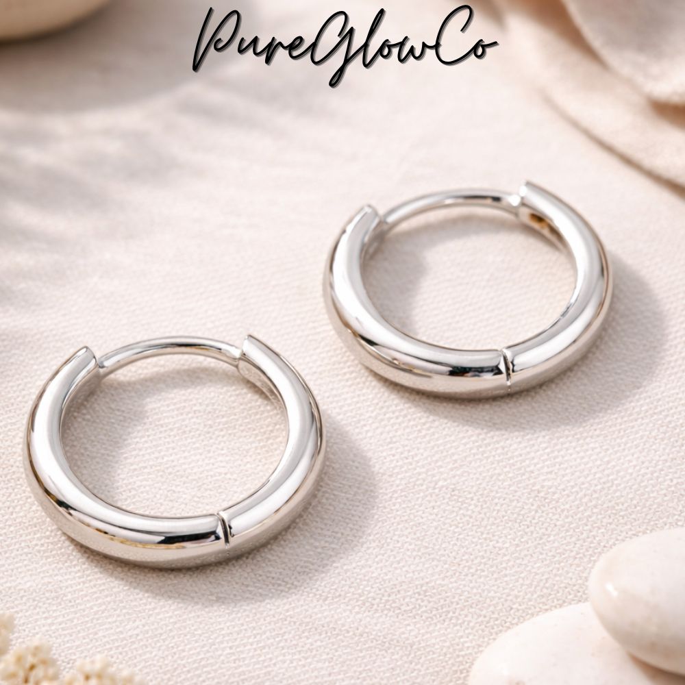 Men women 13mm White Gold Plated 925 Sterling Silver Post Small Huggie Hoop Earrings