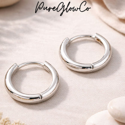 Men women 13mm White Gold Plated 925 Sterling Silver Post Small Huggie Hoop Earrings