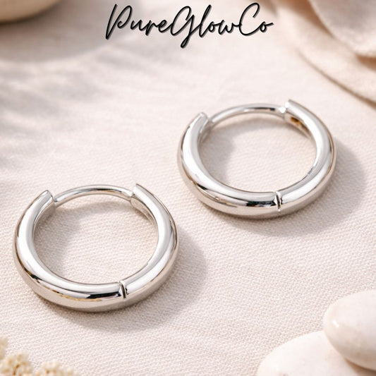 Men women 13mm White Gold Plated 925 Sterling Silver Post Small Huggie Hoop Earrings